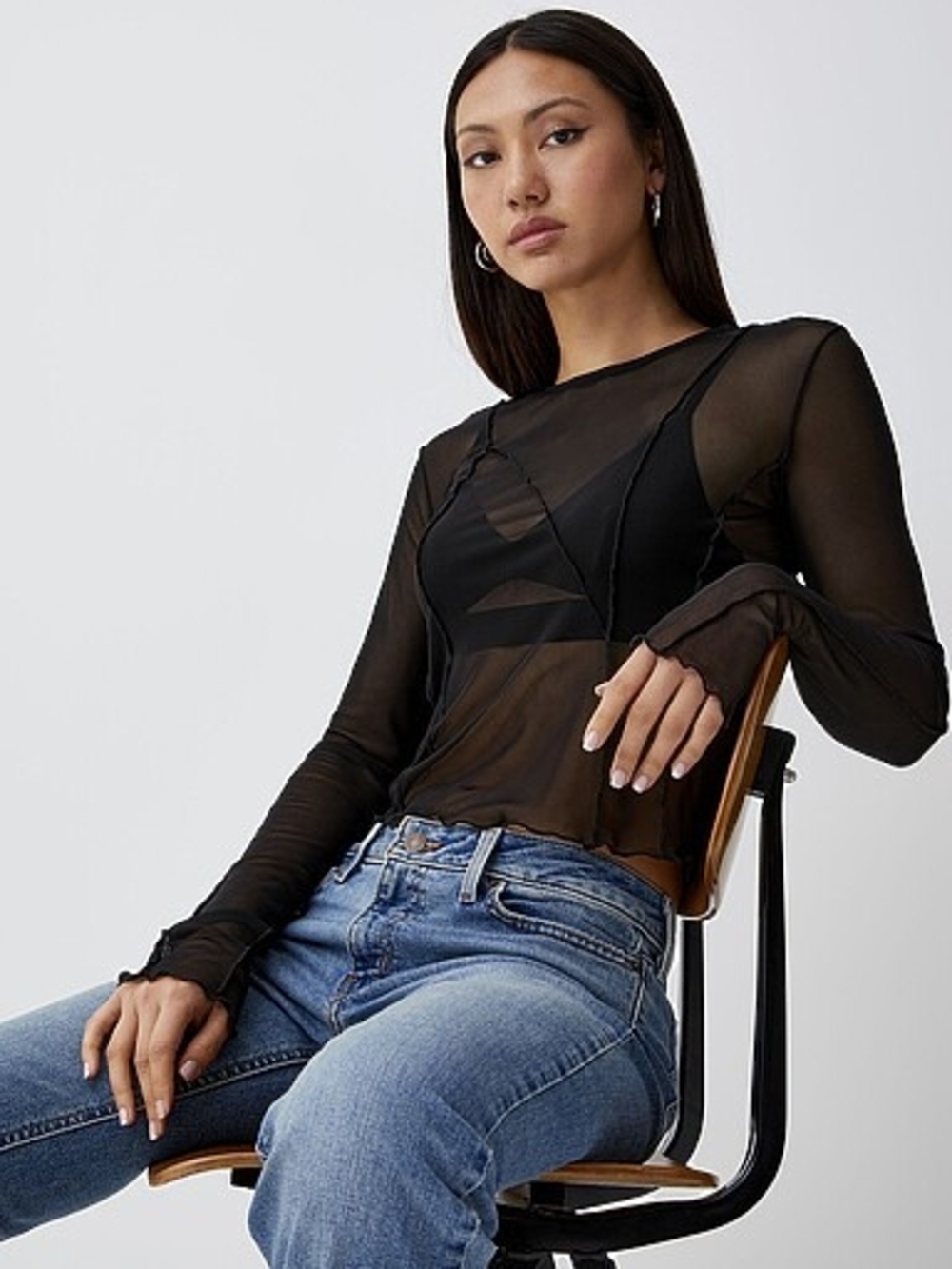 Twik Black Sheer Long-Sleeve Mesh Top